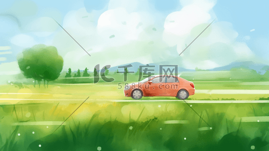 小汽车插画图片_绿色田野中的小汽车插画10