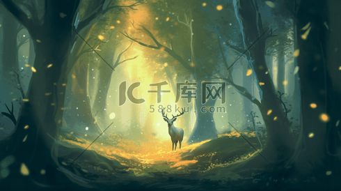 唯美梦幻森林中的麋鹿插画5
