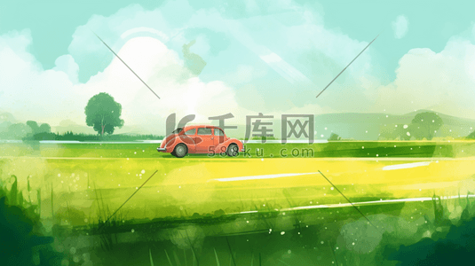 小汽车插画图片_绿色田野中的小汽车插画5