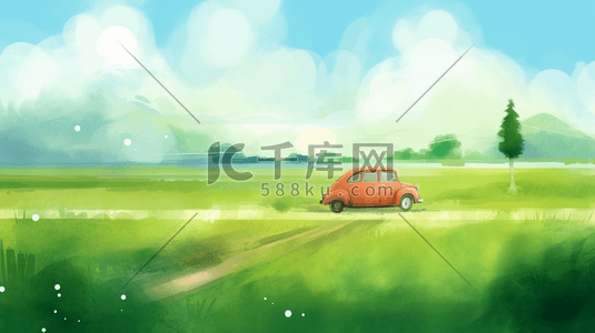 小汽车插画图片_绿色田野中的小汽车插画3
