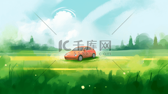 绿色田野中的小汽车插画1