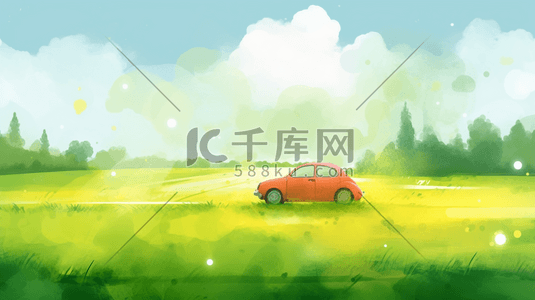 小汽车插画图片_绿色田野中的小汽车插画6