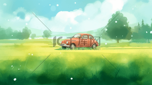 绿色田野中的小汽车插画8