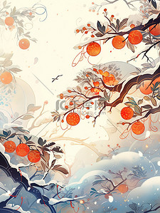 红色的中国结插画图片_中国节气冬天雪花柿子结霜霜降插画18