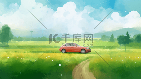 绿色田野中的小汽车插画2