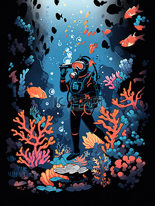 一地花瓣插画图片_一名潜水员勇敢地潜入海底3