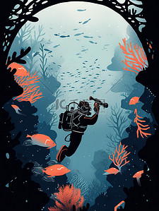 一地花瓣插画图片_一名潜水员勇敢地潜入海底16