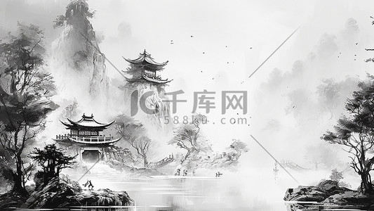 语文黑白插画图片_中国黑白风山水国画古风背景