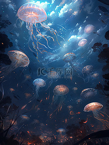 蓝色大海海底插画图片_水下世界彩色水母的海洋19