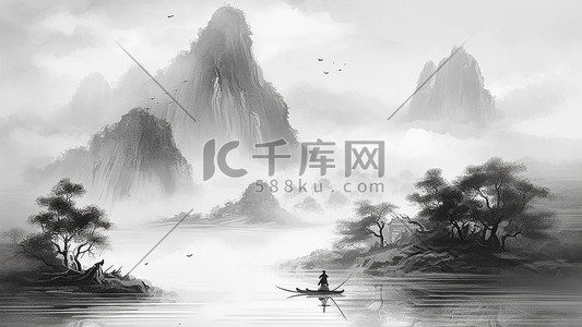 黑白微信表情包插画图片_手绘黑白中国风山水画古风背景