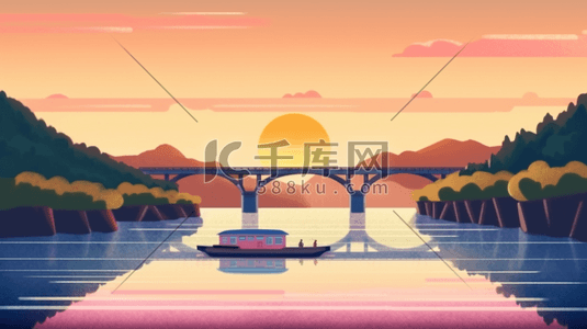 唯美夕阳下的跨海大桥插画1