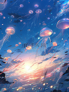 蓝色大海海底插画图片_水下世界彩色水母的海洋9