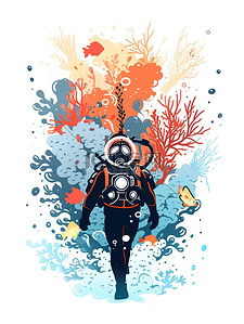 一地花瓣插画图片_一名潜水员勇敢地潜入海底8