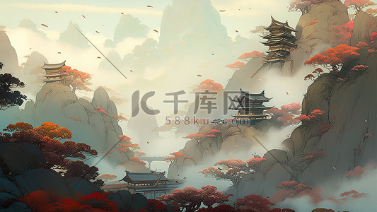 古典中国风山水手绘插画大气古风背景
