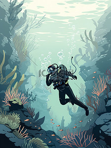一地花瓣插画图片_一名潜水员勇敢地潜入海底14