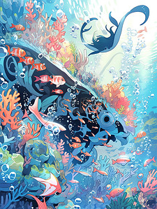 海龟插画图片_美丽的海底世界海洋生物插画9