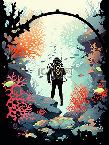 一地花瓣插画图片_一名潜水员勇敢地潜入海底11