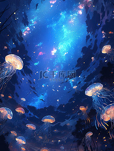 蓝色大海海底插画图片_水下世界彩色水母的海洋4