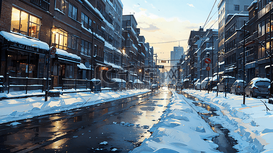 城市街道卡通插画图片_清晨刚下完雪的城市街道