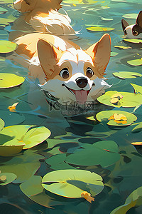 洗澡卡通插画图片_夏季卡通插画游泳的小狗可爱
