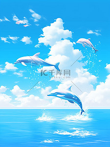 跃插画图片_漫画风格海面上海豚跃水蓝天白云插画1