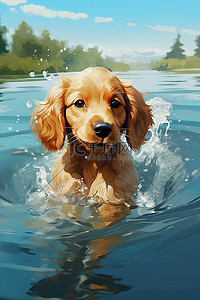洗澡卡通插画图片_夏季卡通插画洗澡的小狗