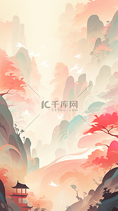 竖版中式边框插画图片_中国风新中式淡彩山水水粉秋天风景