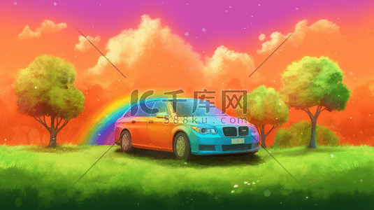 唯美彩虹下的小汽车风景插画4