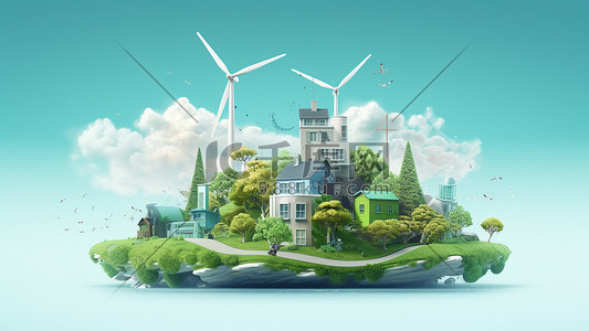 绿色环保节能低碳插画图片_新能源绿色科技风能发电