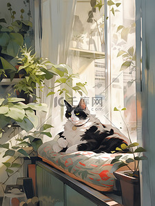猫趴着插画图片_宠物猫趴在窗台等主人回家8