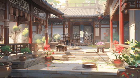 中式场景插画唯美治愈古风历史韵味中式庭院