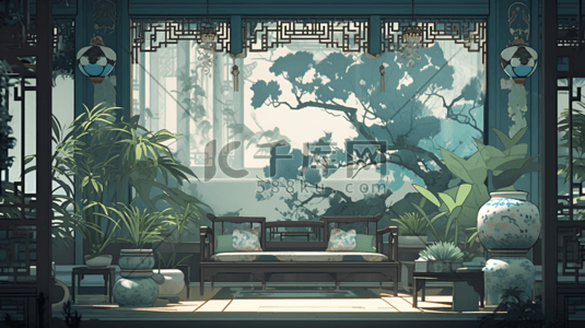 中式青花瓷花纹插画图片_中国风中式绿色系室内古风场景