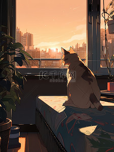 猫趴着插画图片_宠物猫趴在窗台等主人回家3