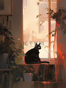 猫趴着插画图片_宠物猫趴在窗台等主人回家6