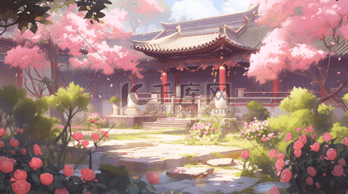 中国风中式粉色系庭院古风场景