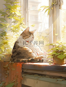 猫趴着插画图片_宠物猫趴在窗台等主人回家1