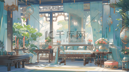 中式花鸟插画图片_中国风中式蓝色系古风室内场景
