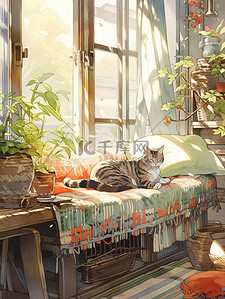 猫趴着插画图片_宠物猫趴在窗台等主人回家10