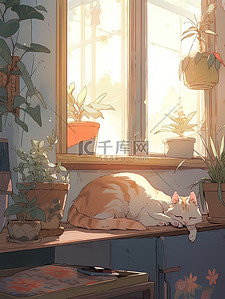 猫趴着插画图片_宠物猫趴在窗台等主人回家7