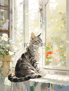 猫趴着插画图片_宠物猫趴在窗台等主人回家9