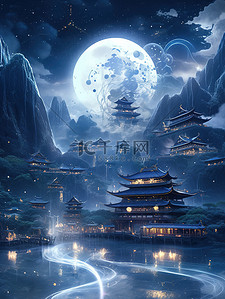 月色中国古代建筑小河流水19