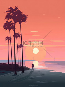 完美插画图片_完美的海滩之夜浅橙色日落插画9
