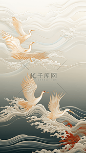 浪花国潮插画图片_中国风国潮典雅白鹤和金线海浪