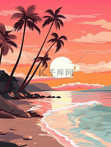 完美插画图片_完美的海滩之夜浅橙色日落插画13