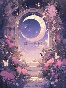 浪漫插画图片_紫色梦幻天空浪漫月亮花园