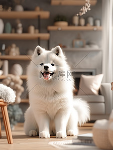 木质地板插画图片_可爱的萨摩耶狗坐在客户地板上20
