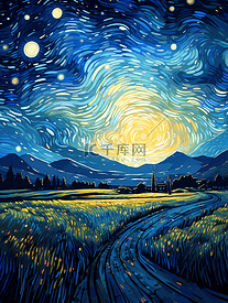 彩色唯美乡间梵高星空画风风景插画7