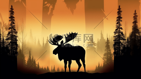 动物剪影插画图片_驼鹿在森林中的剪影2