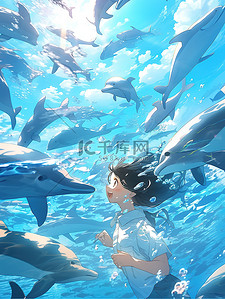 亲密插画图片_人类和海豚一起游泳13