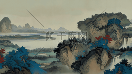 国画中国风群山峻岭湖面清澈写意画